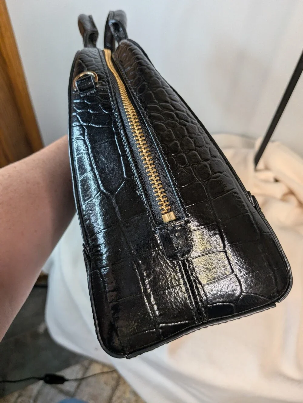 Kate Spade Black Glossy Croc Leather Satchel Handbag